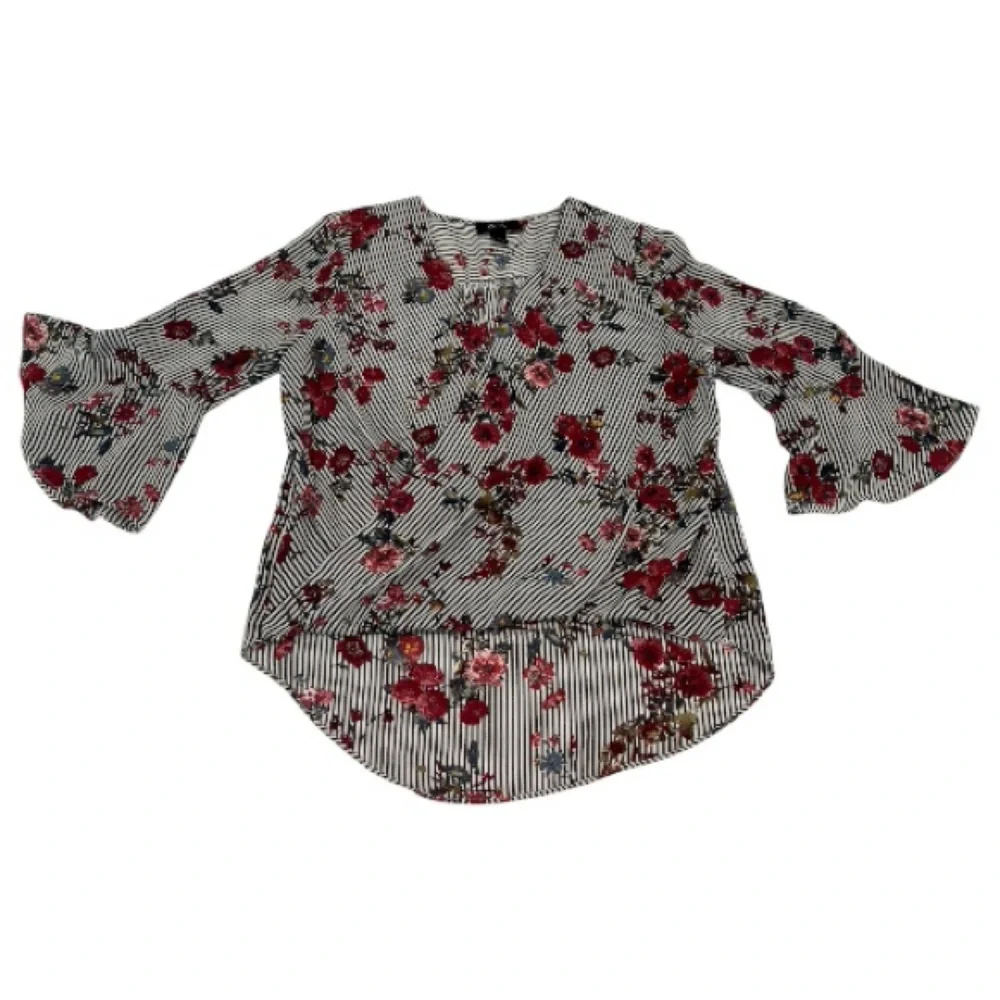 BCX Floral Stripe Wrap Front Bell Sleeve Blouse Women’s Large - Picture 4 of 9